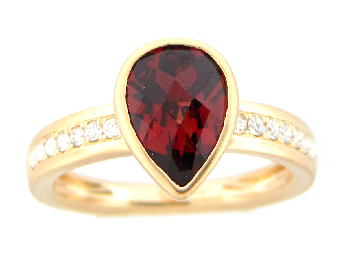 GARNET PEAR BEZEL & DIAMOND RING, SATIN FINISH, 14KY (N)