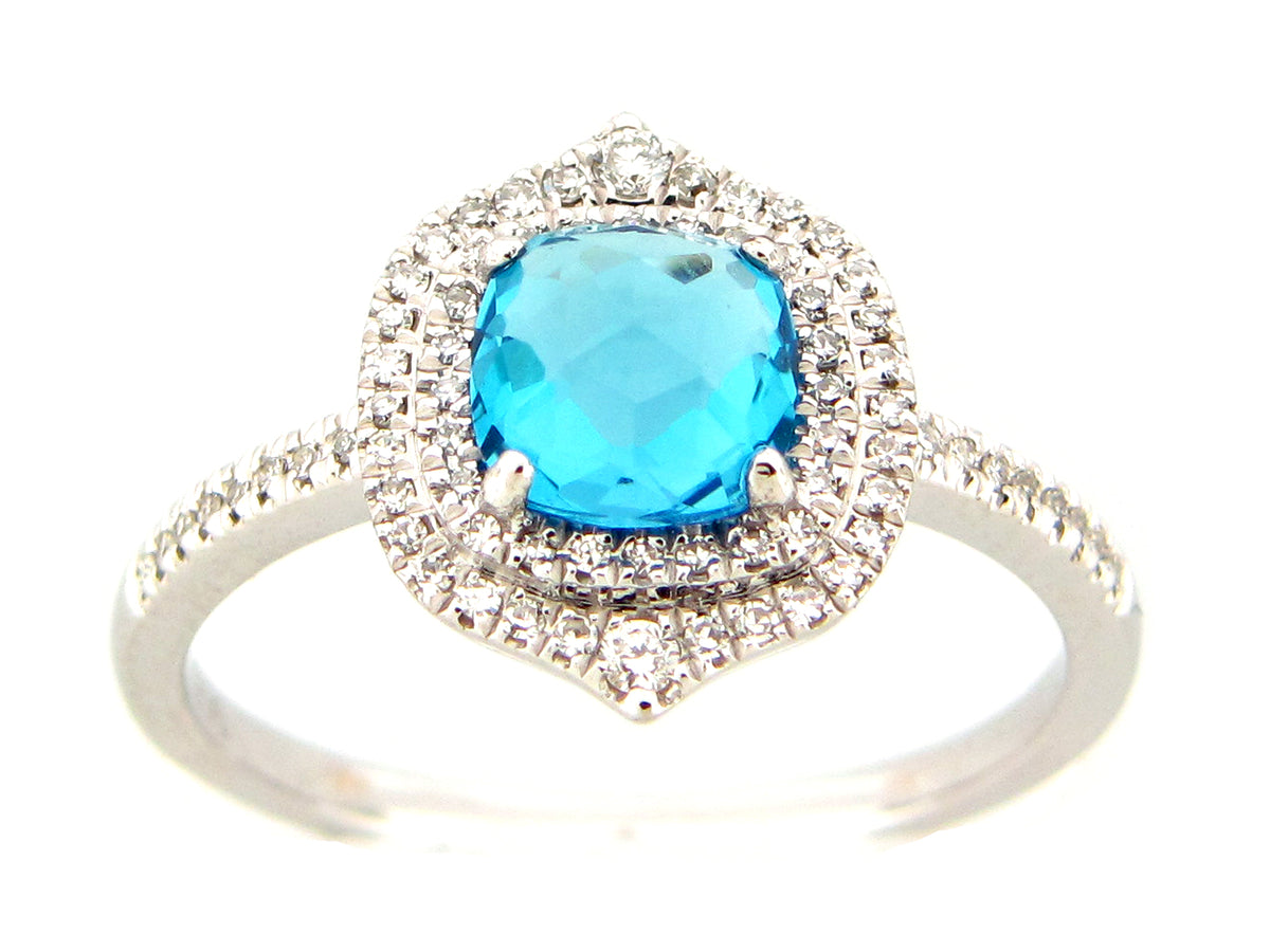 SWISS BLUE TOPAZ & DIAMOND DOUBLE HALO RING, 14KW (R)