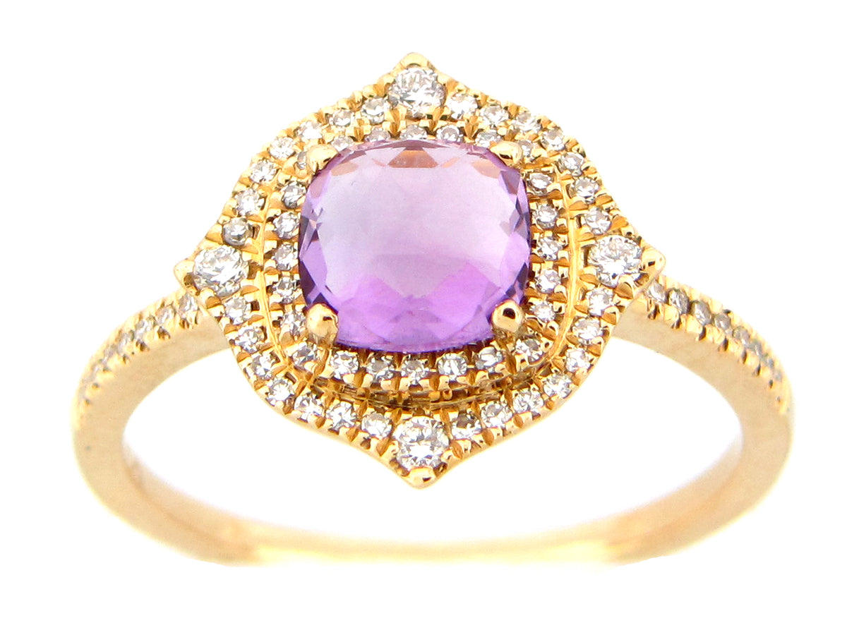 AMETHYST & DIAMOND DOUBLE HALO RING, 14KY (H)