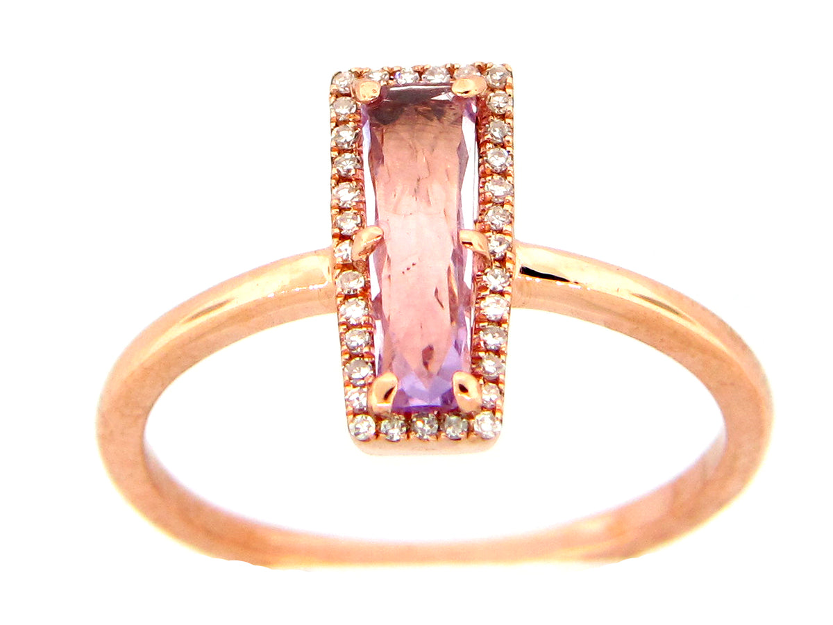 PINK AMETHYST & DIAMOND TRAPEZOID RING, 14KR (H)