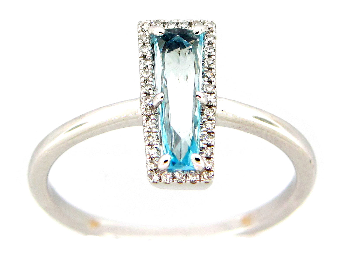 BLUE TOPAZ & DIAMOND TRAPEZOID RING, 14KW (R)