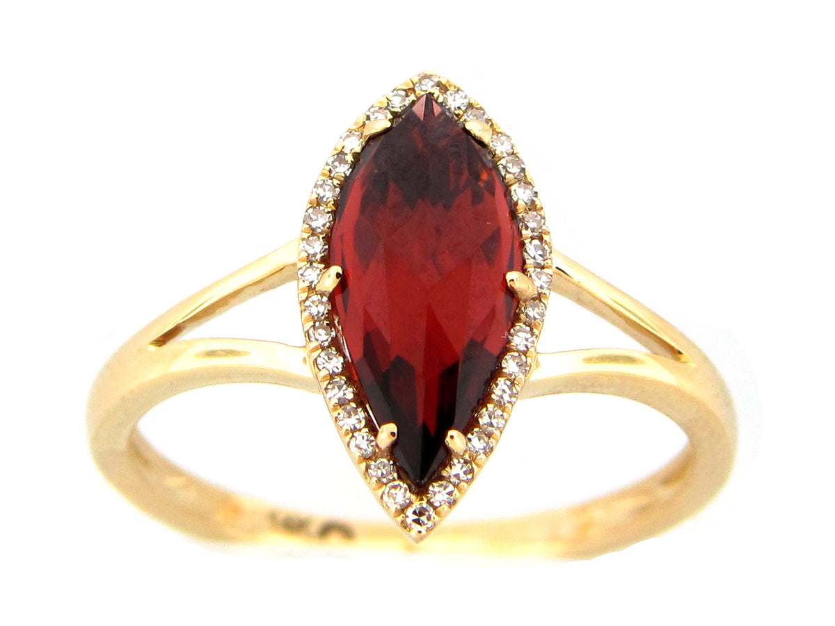 GARNET & DIAMOND SPLIT SHANK HALO RING, 14KY (N)