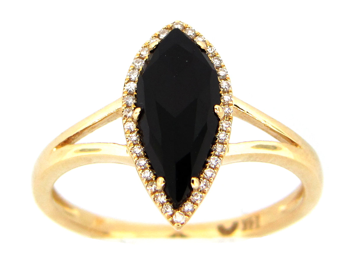 ONYX & DIAMOND SPLIT SHANK HALO RING, 14KY (D)