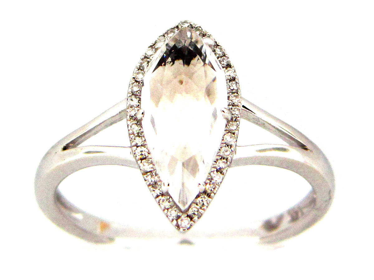 WHITE TOPAZ & DIAMOND SPLIT SHANK HALO RING, 14KW (H)