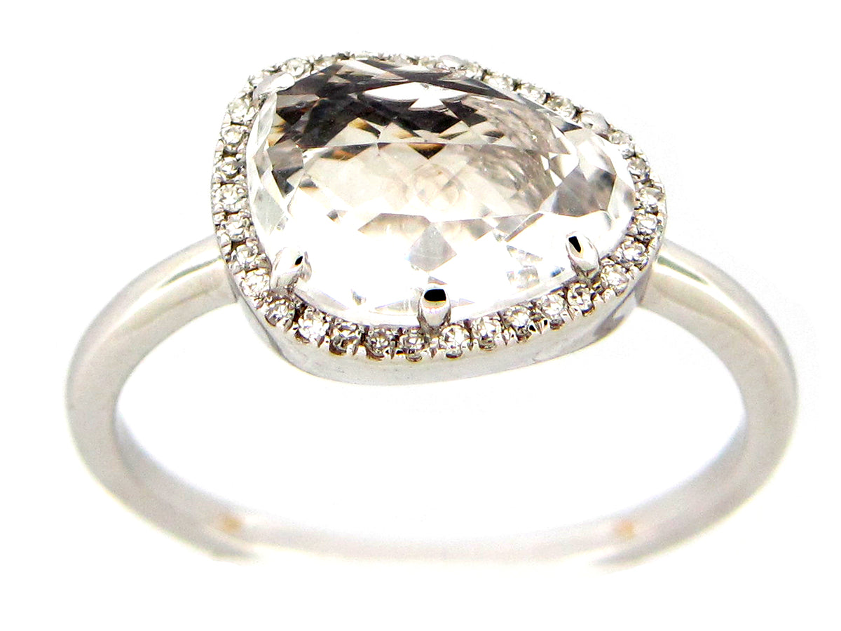 WHITE TOPAZ & DIAMOND BEAN HALO RING, 14KW (H)