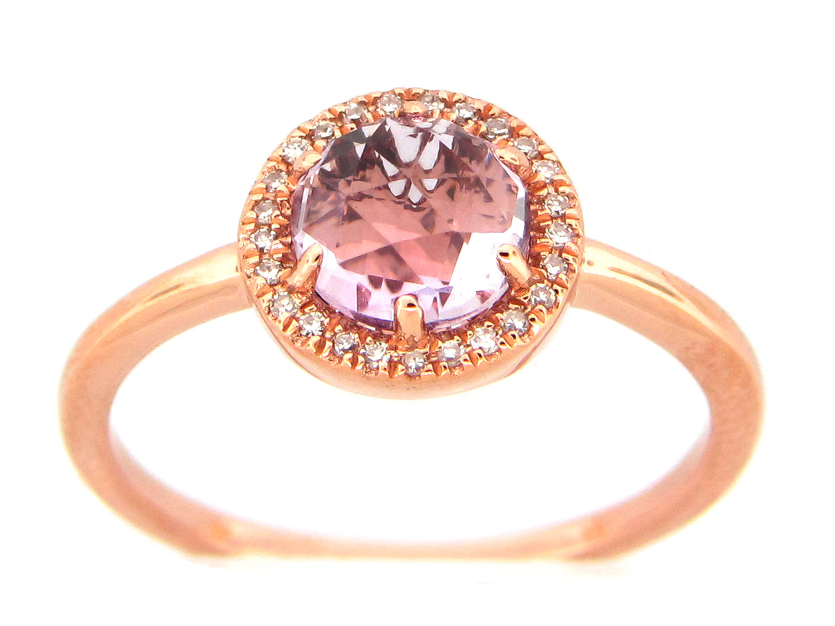 PINK AMETHYST & DIAMOND ROUND HALO RING, 14KR (H)