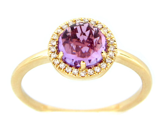 AMETHYST & DIAMOND ROUND HALO RING, 14KY (H)