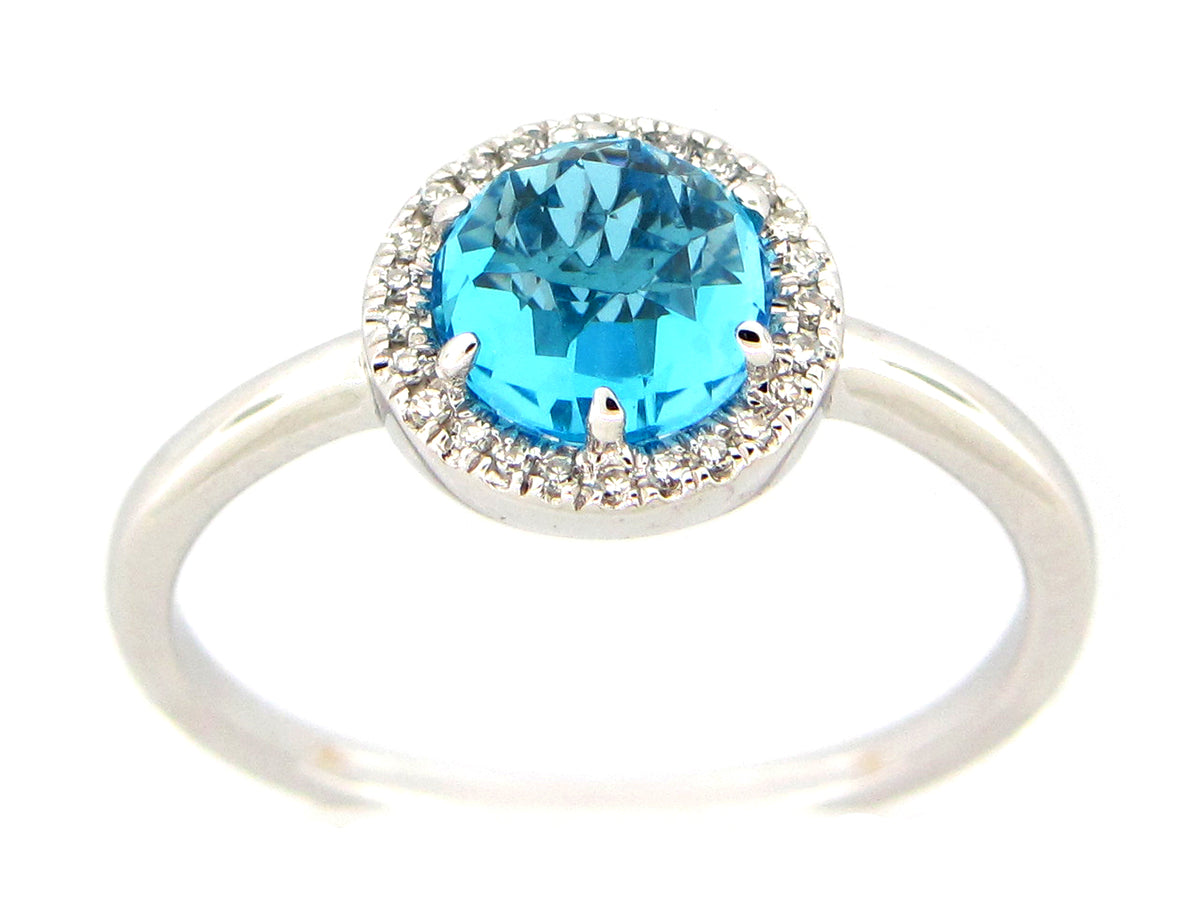 SWISS BLUE TOPAZ & DIAMOND ROUND HALO RING, 14KW (R)