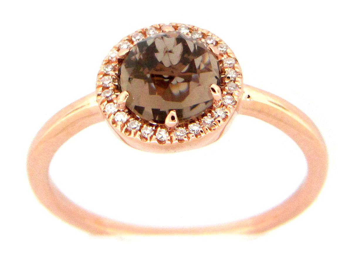 SMOKEY QUARTZ & DIAMOND ROUND HALO RING, 14KR (H/N)