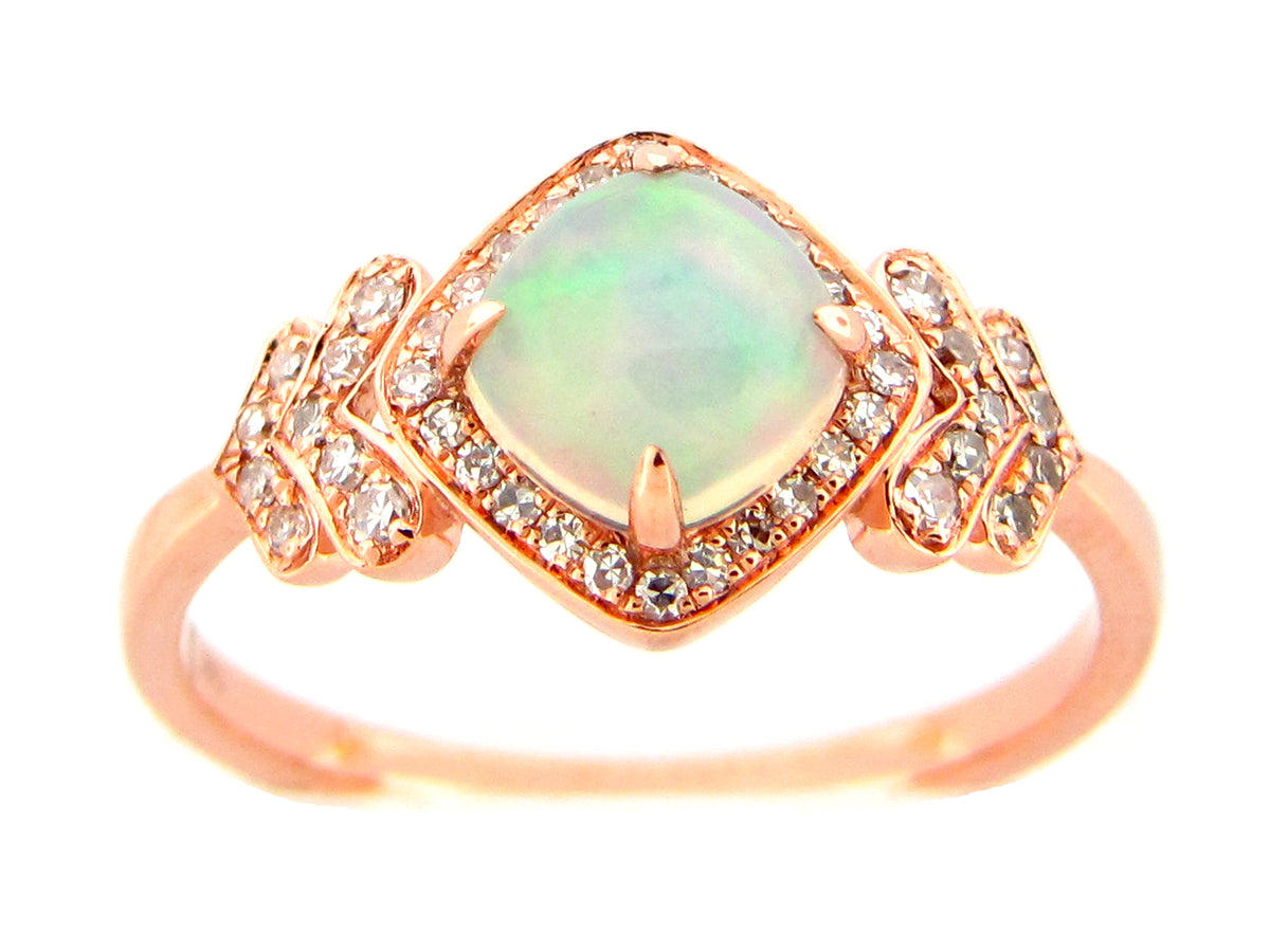OPAL CUSHION & DIAMOND HALO RING, 14KR (O)