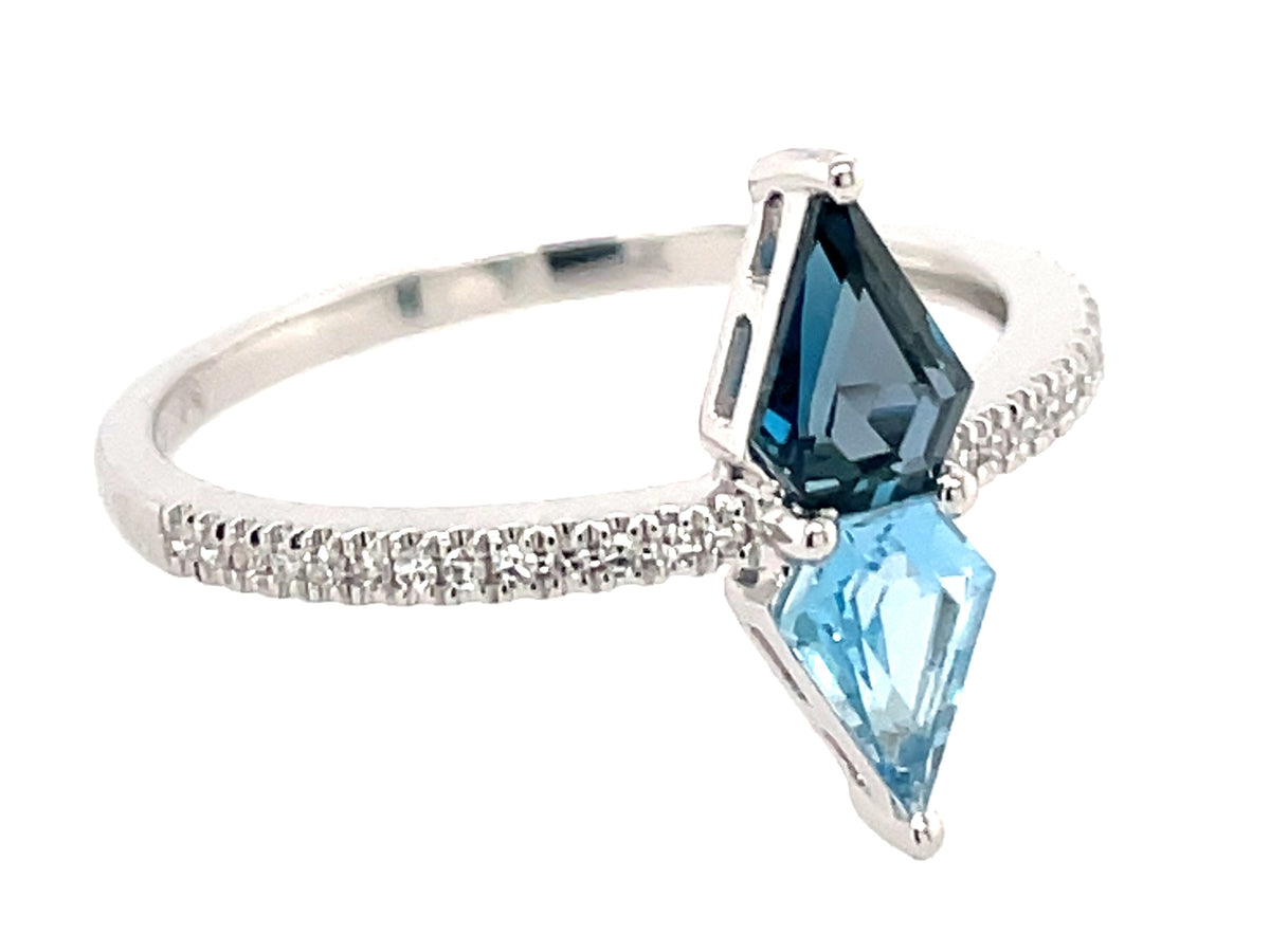 BLUE TOPAZ 2 STONE KITE & DIAMOND RING