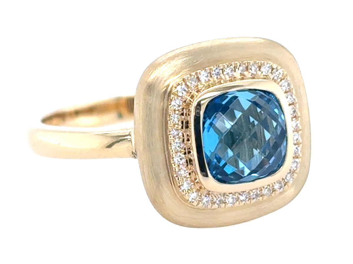 Blue Topaz Cushion Center Diamond Halo Ring, Satin Finish