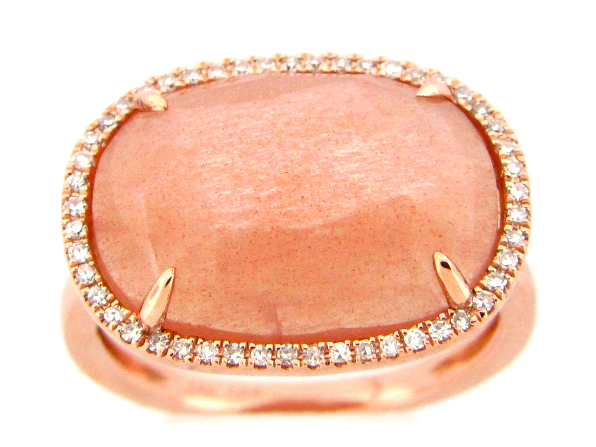 ROSE CUT ORANGE MOONSTONE & DIAMOND RING, 14KR (N)