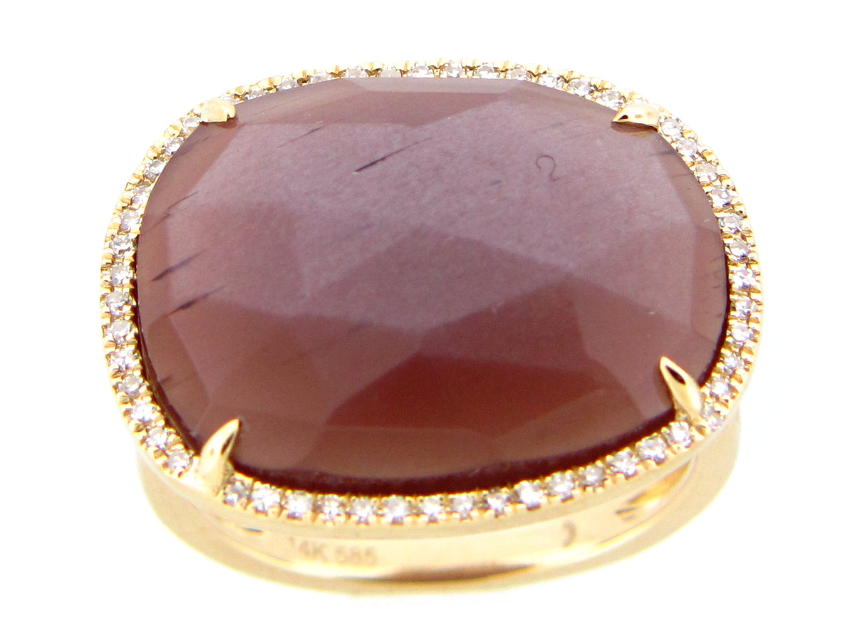 ROSE CUT BROWN MOONSTONE & DIAMOND RING, 14KY (N)