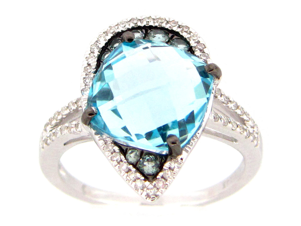BLUE TOPAZ & DIAMOND RING, 14KW (R)