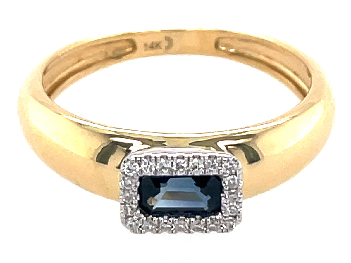 SAPPHIRE EMERALD CUT & DIAMOND HALO RING