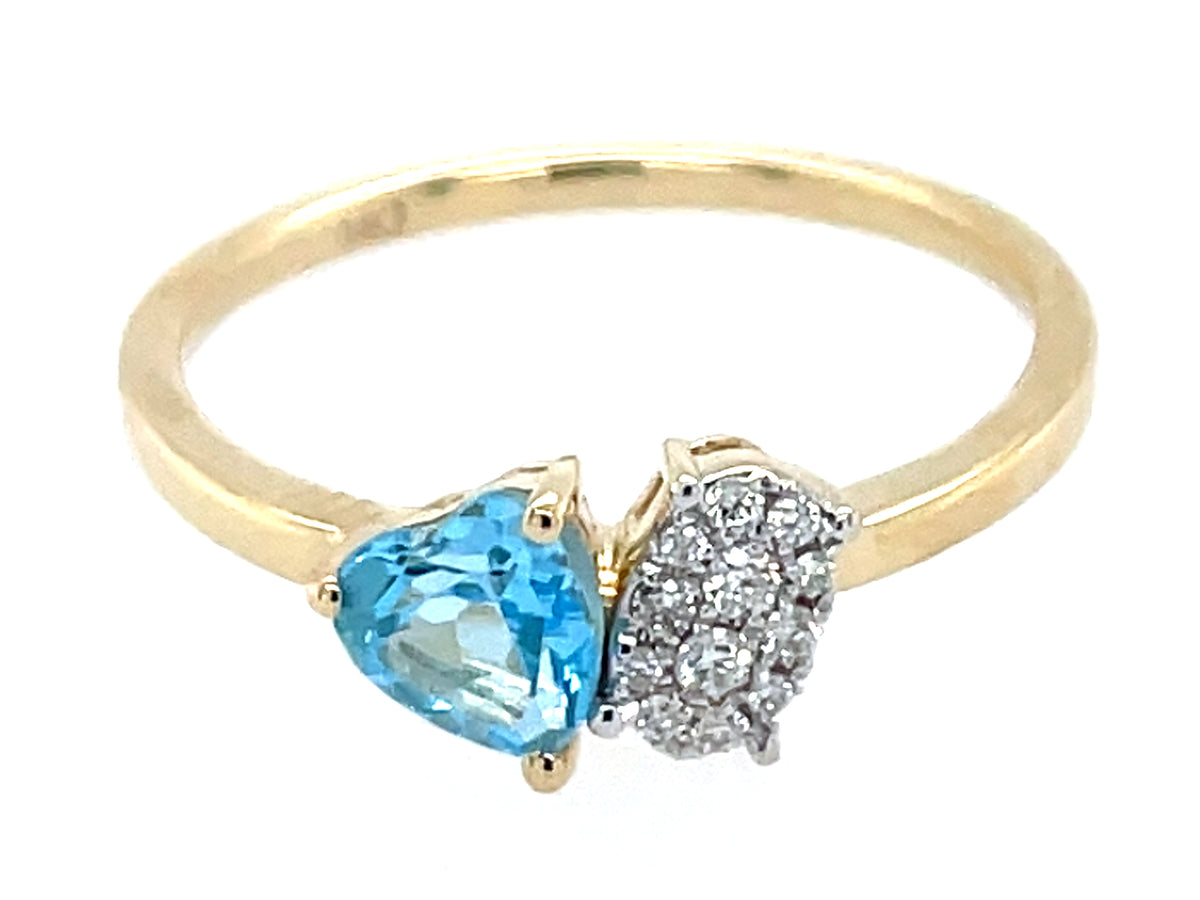 BLUE TOPAZ HEART & DIAMOND PAVE CUSHION TOI ET MOI RING