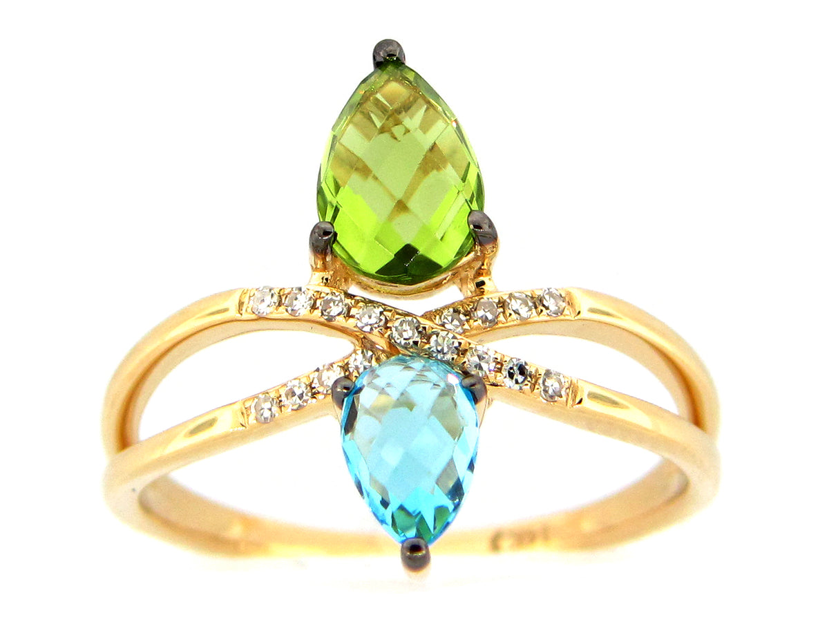ROSE CUT PERIDOT, BLUE TOPAZ & DIAMOND RING, 14KY (N/R)