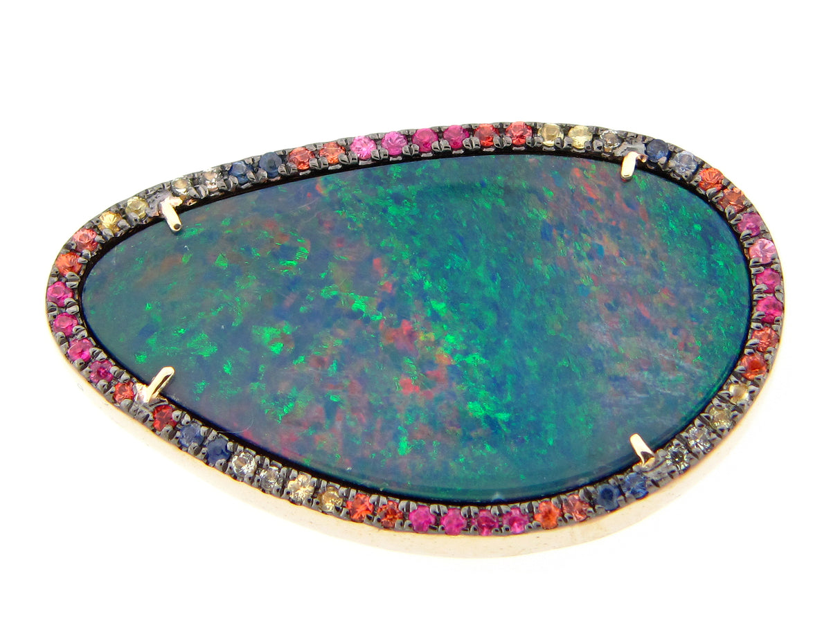 BLACK OPAL DOUBLET & F/C SAPPHIRE RING, 14KY (ASBL/H/U)