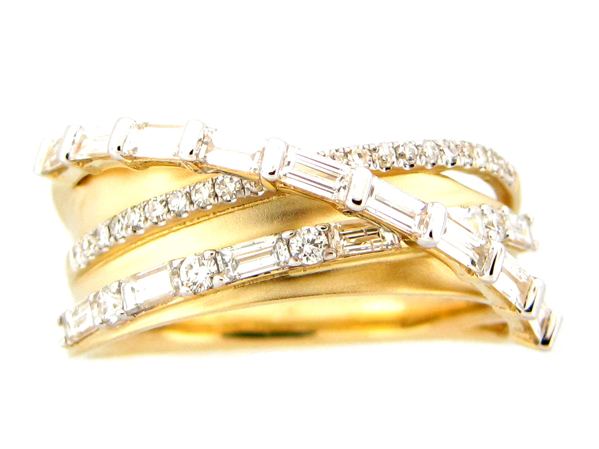 DIAMOND SADDLE 3 STRAND BYPASS RING, SATIN FINISH, 14KY (N)
