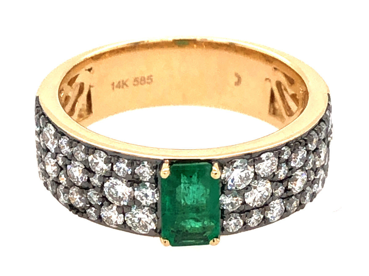 EMERALD CUT EMERALD & DIAMOND RING, 14K YELLOW GOLD
