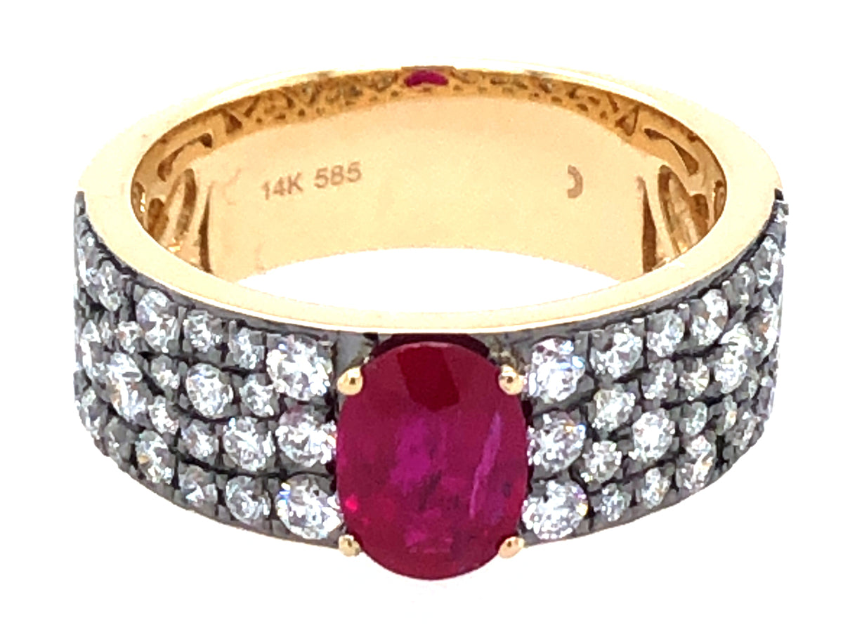 RUBY OVAL & DIAMOND RING, 14K YELLOW GOLD, BLACK FINISH PRONGS (H)