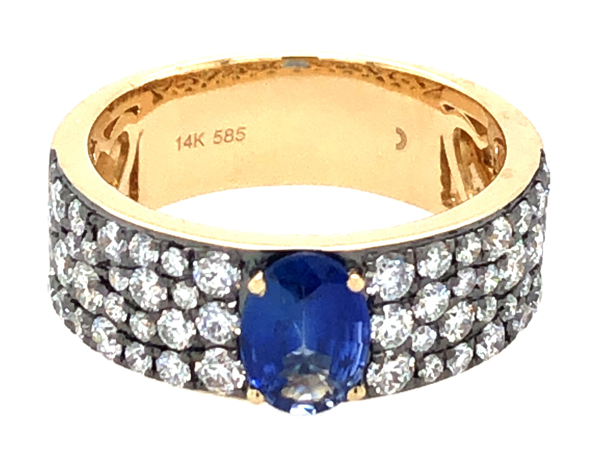 SAPPHIRE OVAL & DIAMOND RING, 14K YELLOW GOLD, BLACK FINISH PRONGS