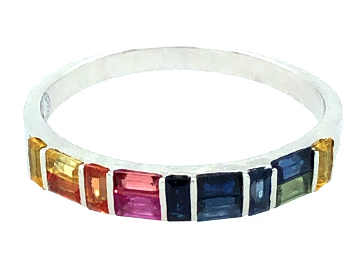 RAINBOW SAPPHIRE BAGUETTE MONDRIAN RING, 14KW (H/U)