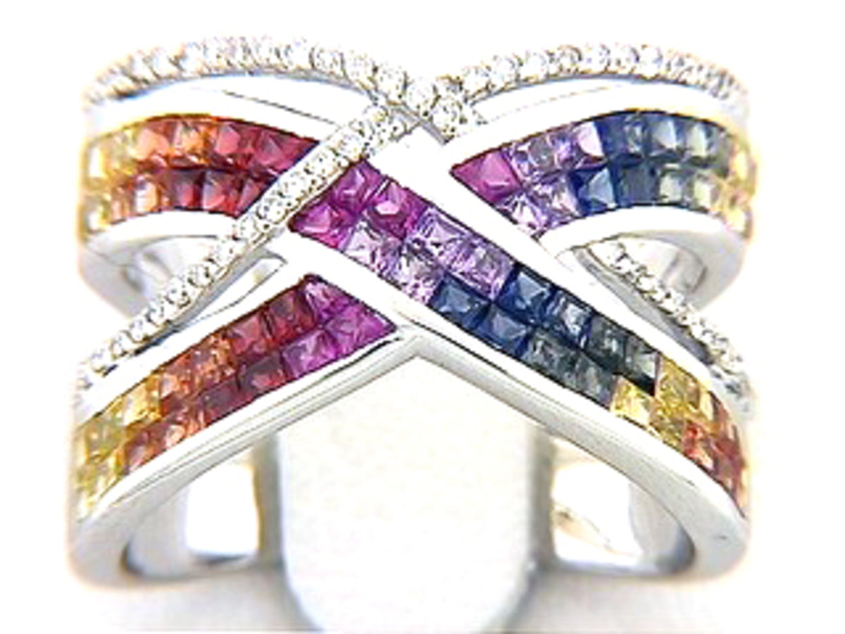RAINBOW SAPPHIRE & DIAMOND RING, 18KW (H/U), C=2.80