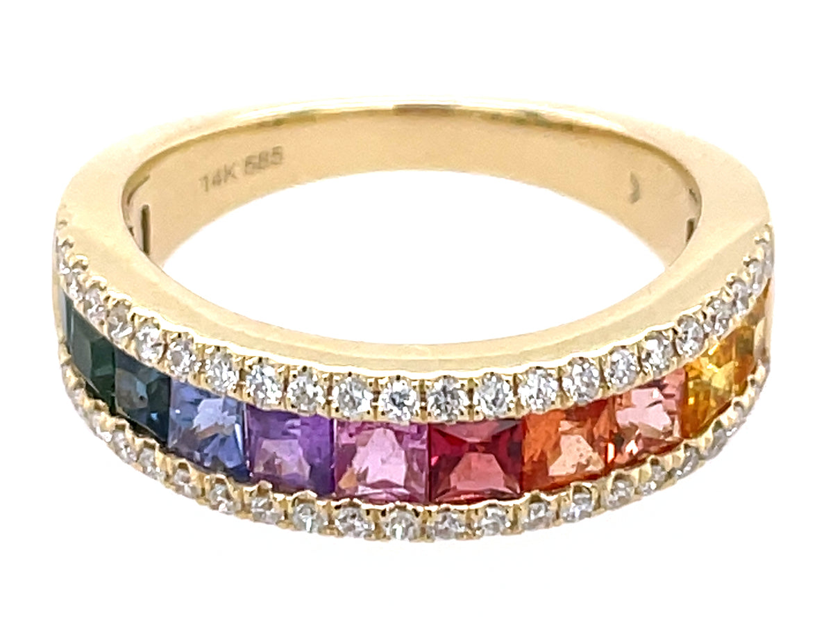 RAINBOW SAPPHIRE PRINCESS & DIAMOND 5.5MM RING