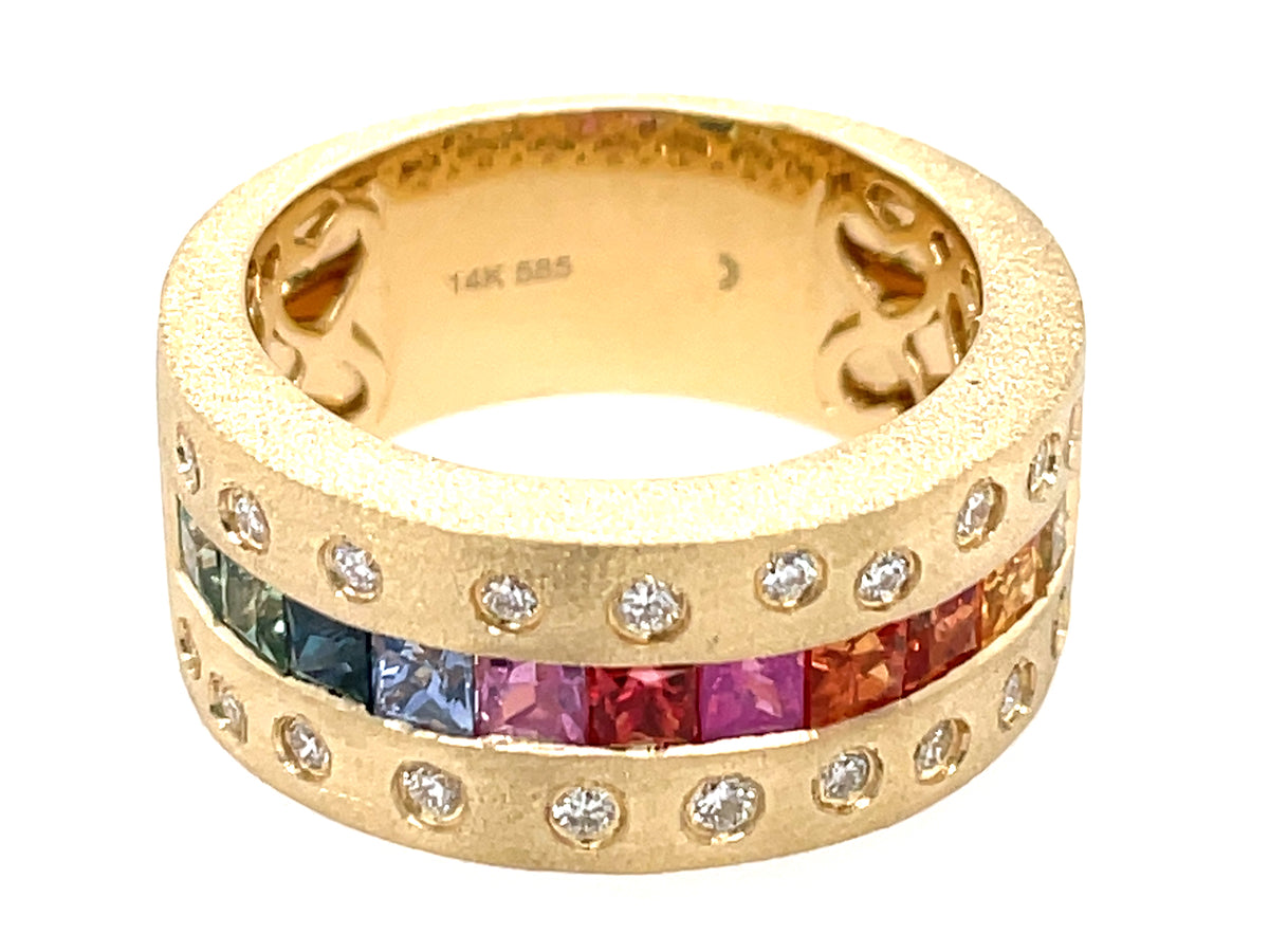 RAINBOW SAPPHIRE PRINCESS & DIAMOND 1 ROW FLUSH RING, 9.1MM, SATIN FINISH
