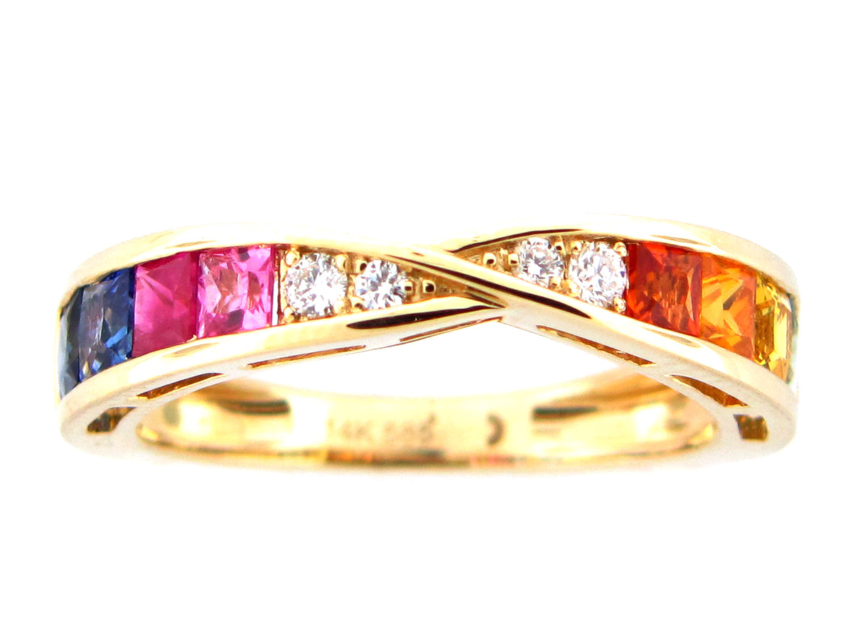 RAINBOW SAPPHIRE & DIAMOND TWIST RING, 14KY (H/U)