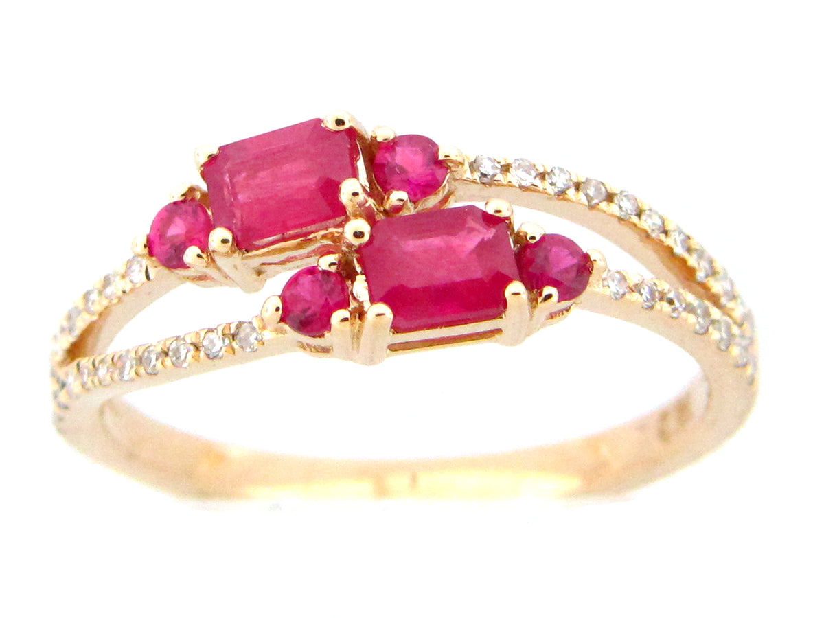 RUBY & DIAMOND DOUBLE SHANK RING, 14KY (H)
