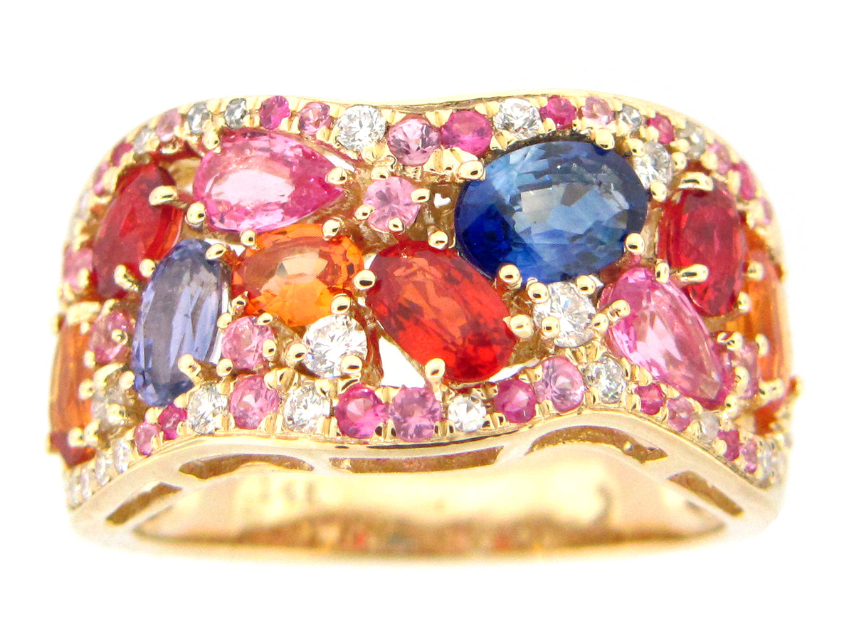 RAINBOW SAPPHIRE & DIAMOND RING, 14KY (H/U)