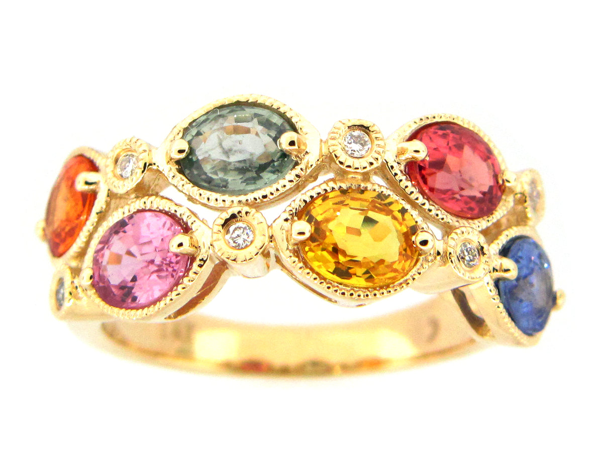RAINBOW SAPPHIRE & DIAMOND 2 ROW RING