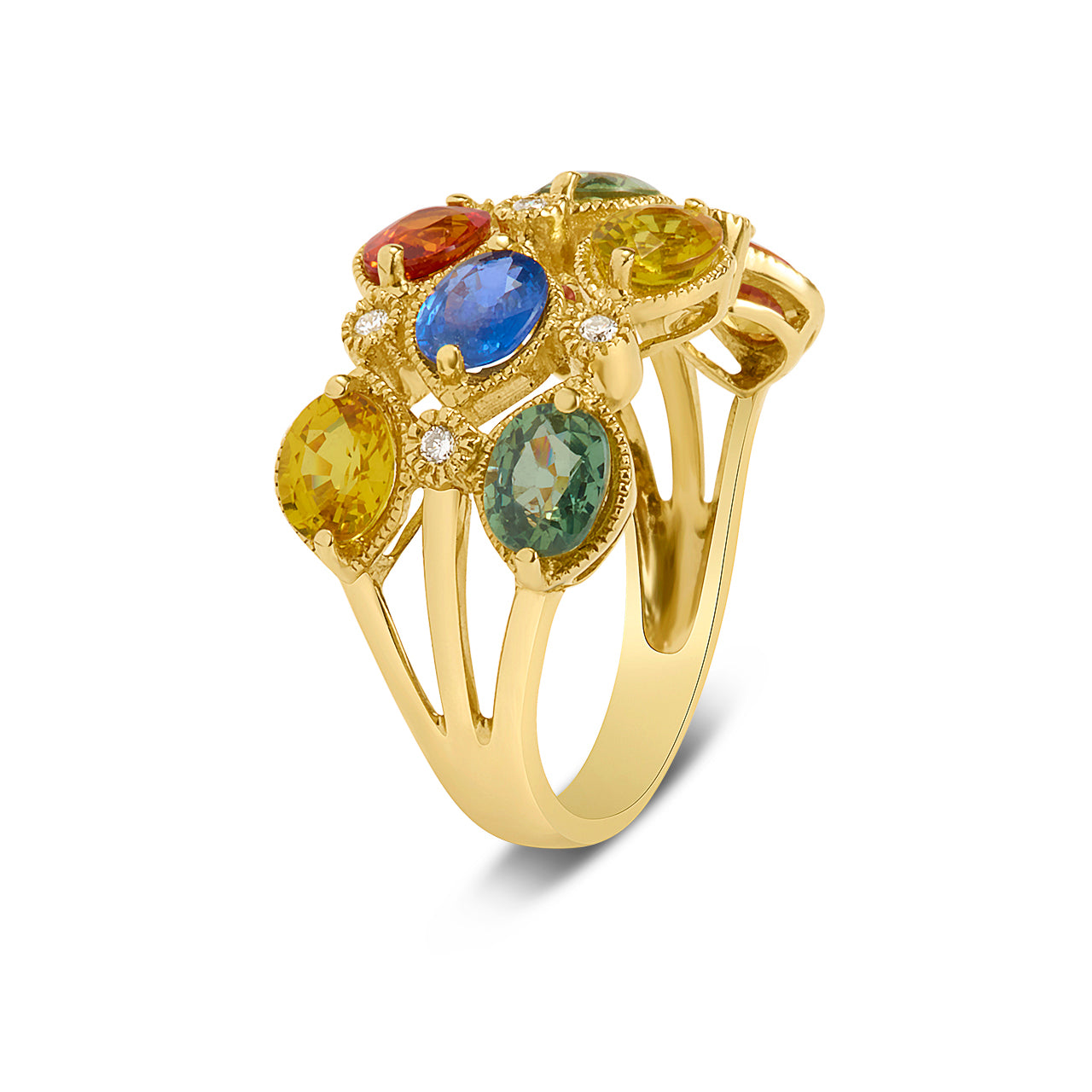 Rainbow Sapphire & Diamond Alternating 3 Row Ring