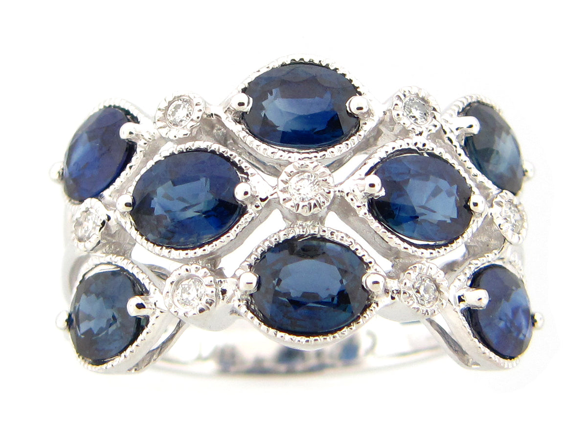SAPPHIRE & DIAMOND 3 ROW RING, 14KW (H)