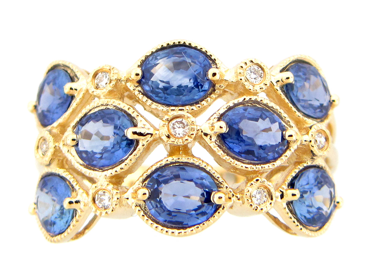 SAPPHIRE & DIAMOND 3 ROW MEDIUM BLUE RING, 14KY (H)