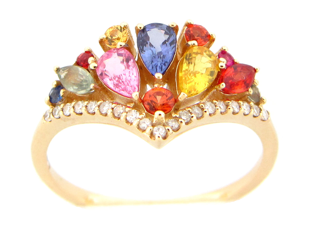 RAINBOW SAPPHIRE & DIAMOND FAN RING, 14KY (H/U)