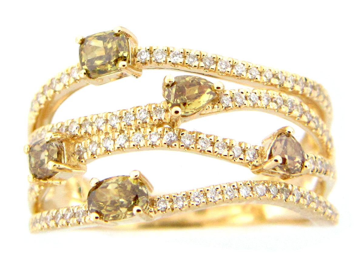 FANCY COLOR DIAMOND MULTI STRAND RING, 14KY (N)
