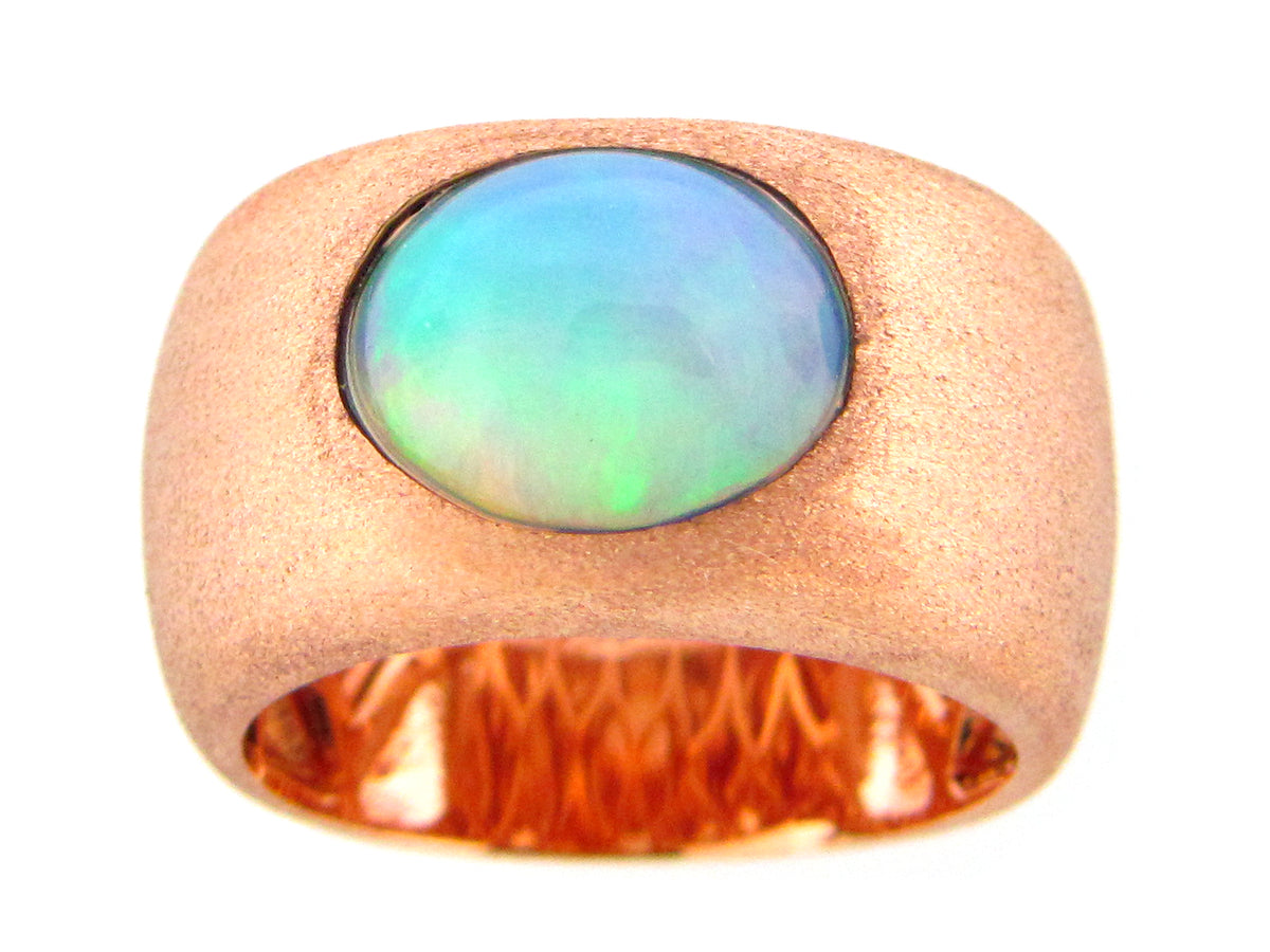 OPAL BEZEL CIGAR BAND RING, SATIN FINISH, 18KR (O)