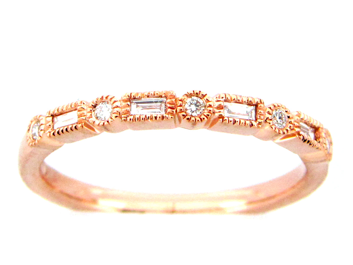 Diamond Baguette Round Alternating Millgrain Ring, 14kr (N)