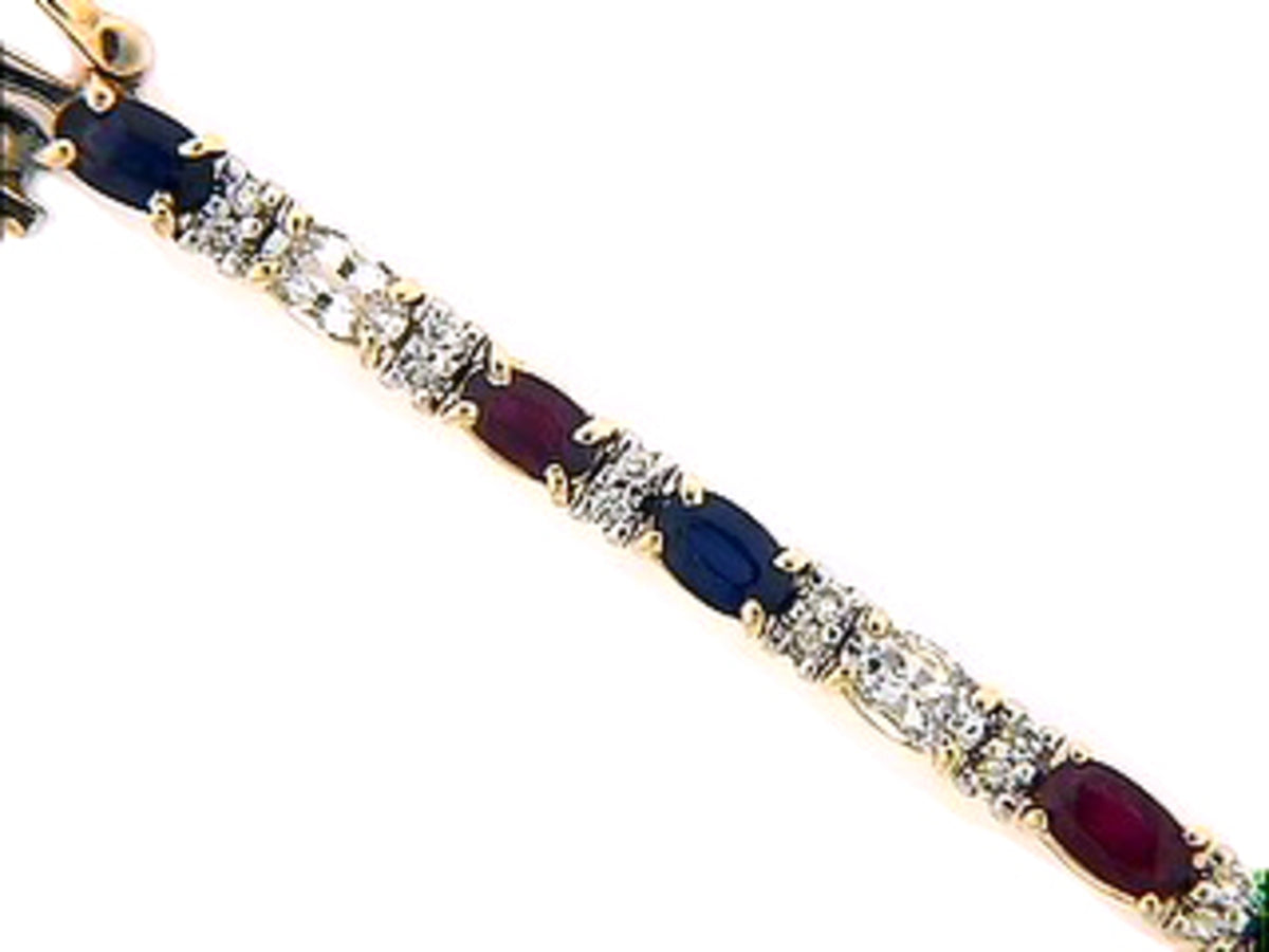 RUBY, WHITE SAPPHIRE, SAPPHIRE & DIAMOND BRACELET, 14KY (H/N), C=7.73