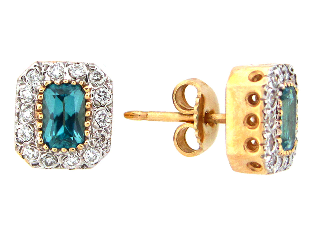 BLUE ZIRCON & DIAMOND EARRING, 14KY (H)