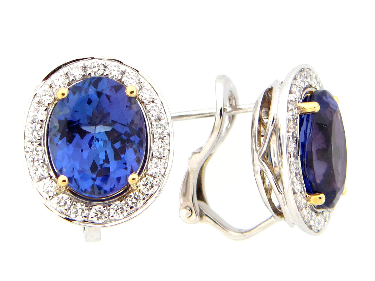 TANZANITE & DIAMOND HALO EARRING, 18KWY, (H)
