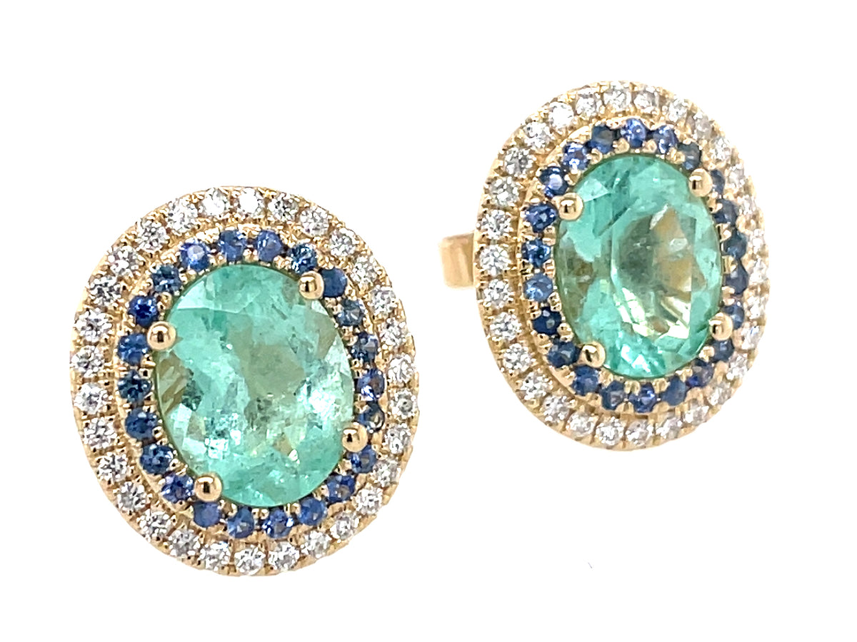 Emerald Oval, Sapphire Diamond Double Halo Stud Earring