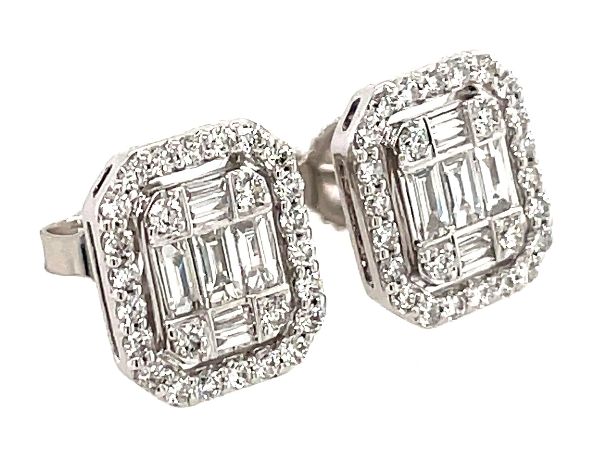 DIAMOND BAGUETTE CLUSTER STUD EARRING, 10 X 8.6 MM