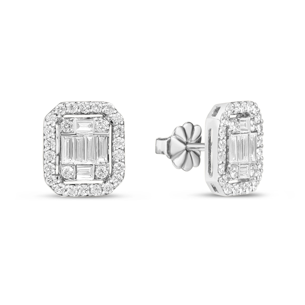Diamond Emerald Cut Cluster Halo Stud Earring