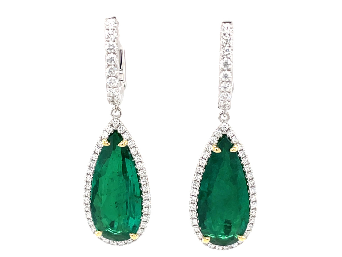 EMERALD PEAR SHAPE & DIAMOND HALO DANGLE EARRING
