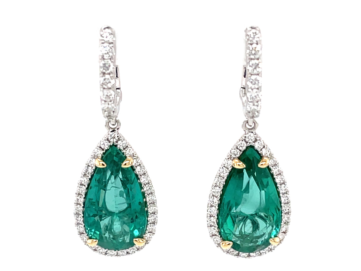 EMERALD PEAR SHAPE & DIAMOND HALO DANGLE EARRING